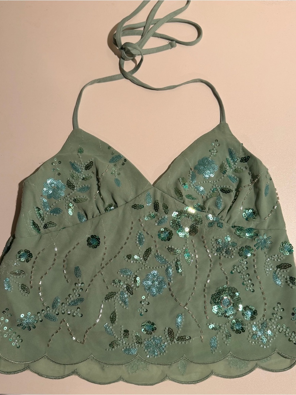 Green Sequin Embellished Halter Crop Top